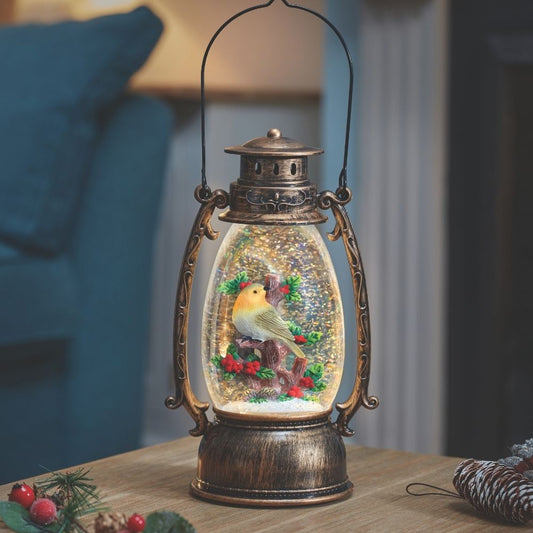 SnowSwirl Festive Robin Lantern Water Spinner Light