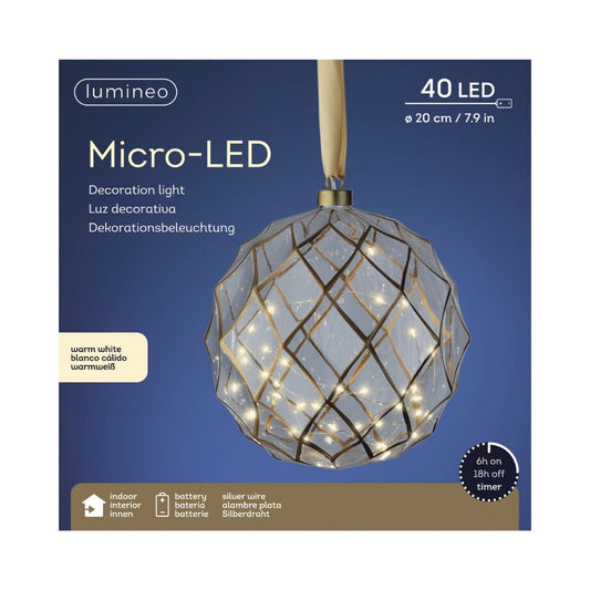 Micro LED Hanging Glass Bauble Light 20cm
