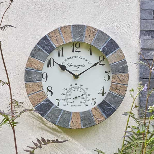Stonegate Slate Wall Clock & Thermometer 10"