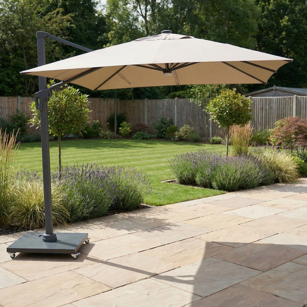 Deluxe 3m Square Cantilever Parasol with Beige Canopy & LED Lights