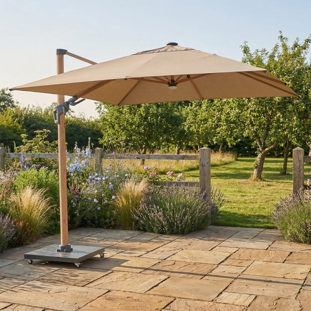 Deluxe 3m Square Cantilever Parasol with Beige Canopy & LED Lights Wood Effect Frame