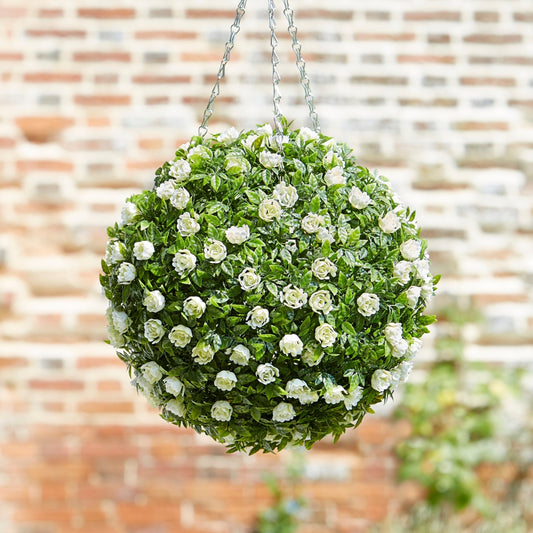 Faux Décor White Rose Hanging Topiary Ball 30cm