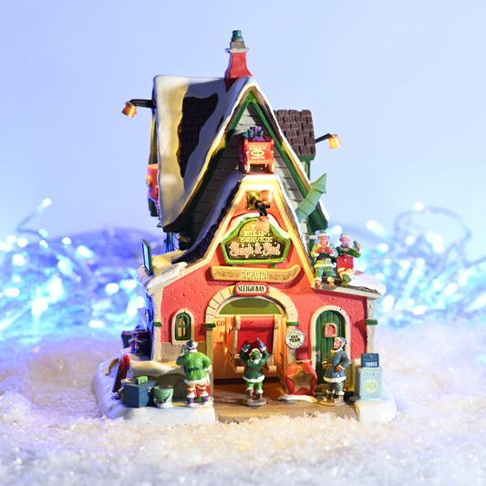 Lemax The Elf Service Sleigh & Sled Repair Lighted Building