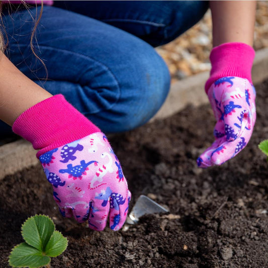 Pink Dinosaur Kids Gardening Gloves